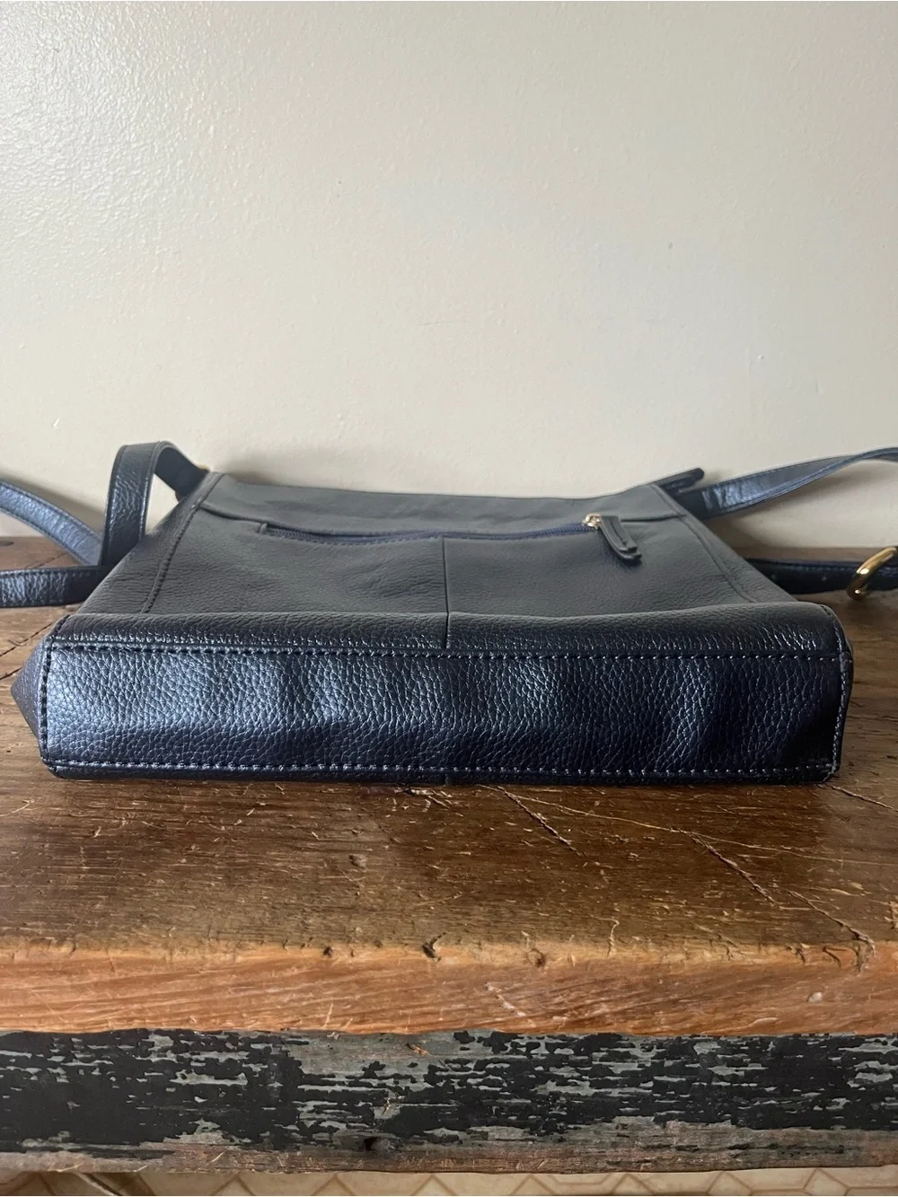 Tignanello Leather Metallic Dark Blue Crossbody with Gold Accents